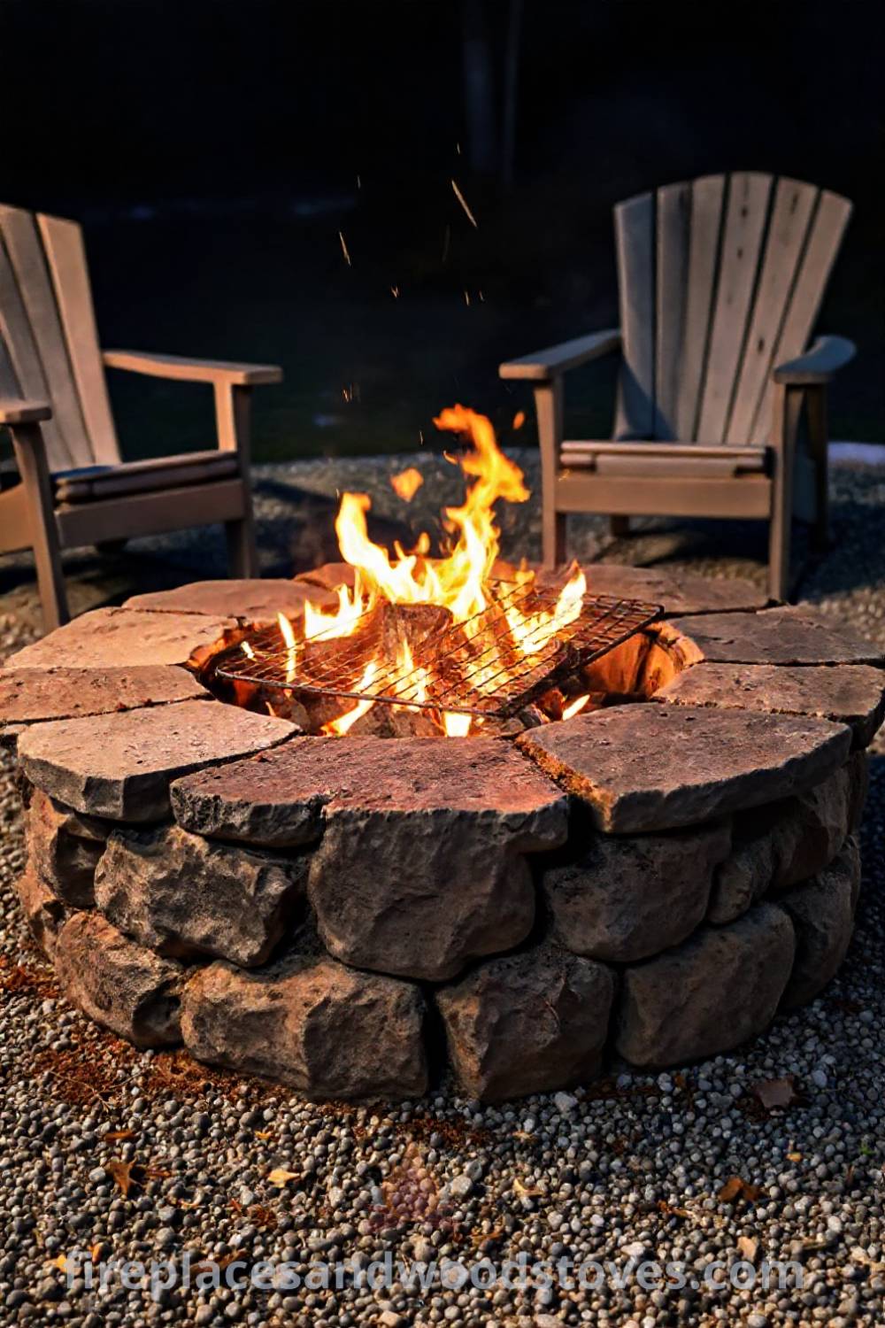 Rustic outdoor stone fire pit with a grill surrounded by comfortable chairs on a gravel patio, creating a cozy atmosphere for gatherings. Visit patioandhomefurniture.com for stylish and incredible ideas transforming your backyard into an inviting space.