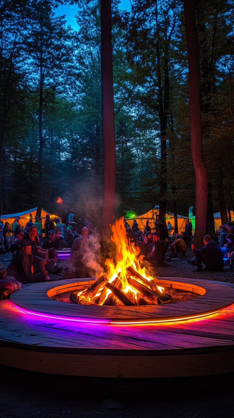 A vibrant outdoor stage in a forest at night, with a large bonfire in the center, colorful lights illuminating the area, and people sitting around enjoying music.