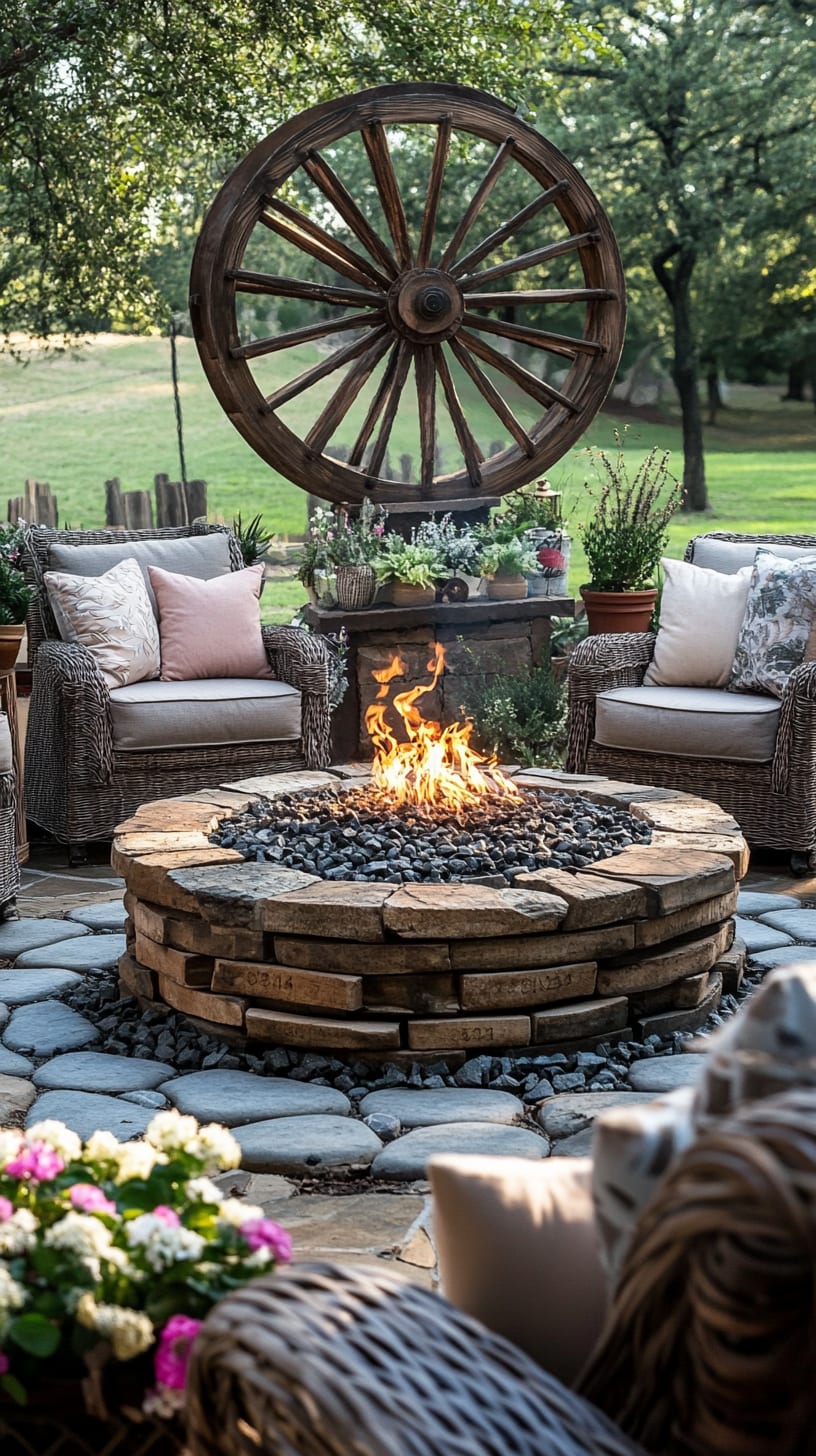 A rustic outdoor setting with an old wooden wheel, a warm fire pit, comfortable seating, and colorful flowers in a garden backdrop, creating a cozy atmosphere for relaxation.