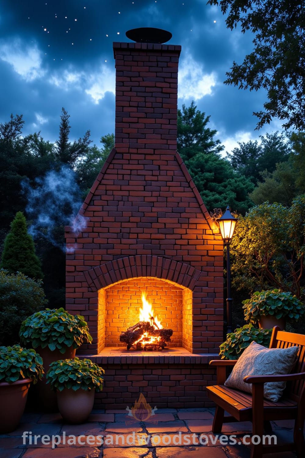 Tudor brick outdoor fireplace in a cozy garden setting with a crackling fire, surrounded by lush greenery and a wooden bench with faded cushions, creating an inviting atmosphere perfect for gatherings, from fireplacesandwoodstoves.com.