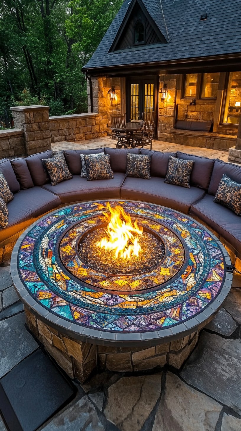 A round fire pit with an intricate mosaic design, surrounded by comfortable seating and soft lighting, set in an inviting outdoor living area.