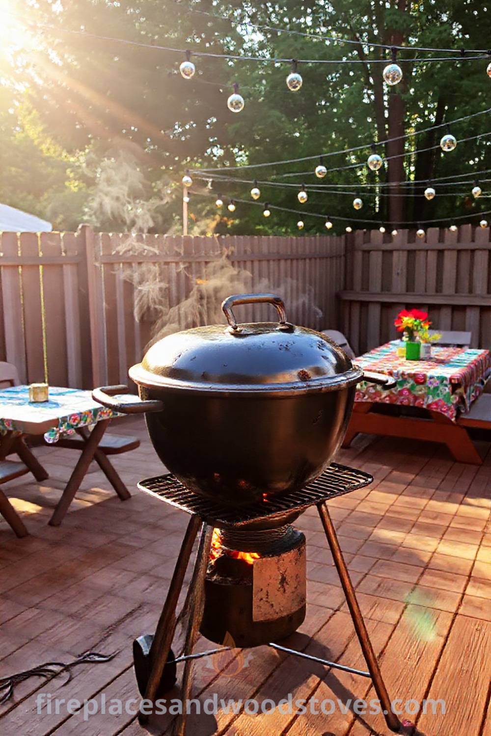Charcoal grill in a sunlit backyard surrounded by picnic tables with colorful tablecloths and string lights, creating a warm and inviting atmosphere for outdoor feasting. Visit patioandhomefurniture.com for stylish outdoor design inspiration.
