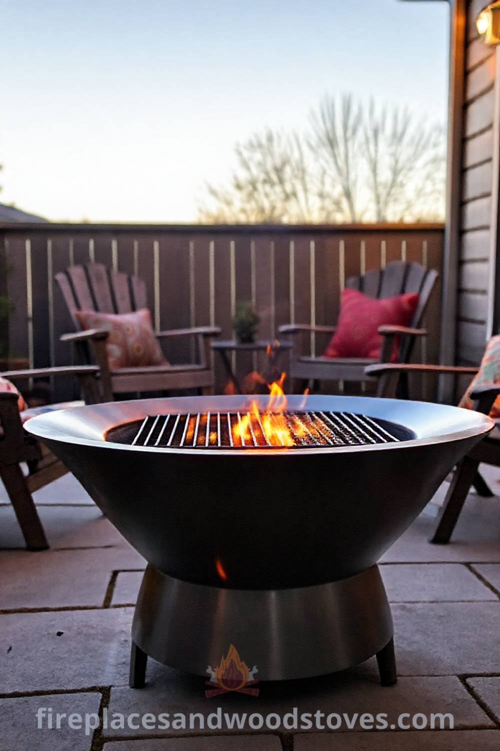 Sleek metal fire pit at the center of a cozy outdoor patio with colorful cushions on weathered wooden chairs, creating an inviting atmosphere for gatherings. Visit patioandhomefurniture.com for stylish outdoor design ideas that will wow your guests.