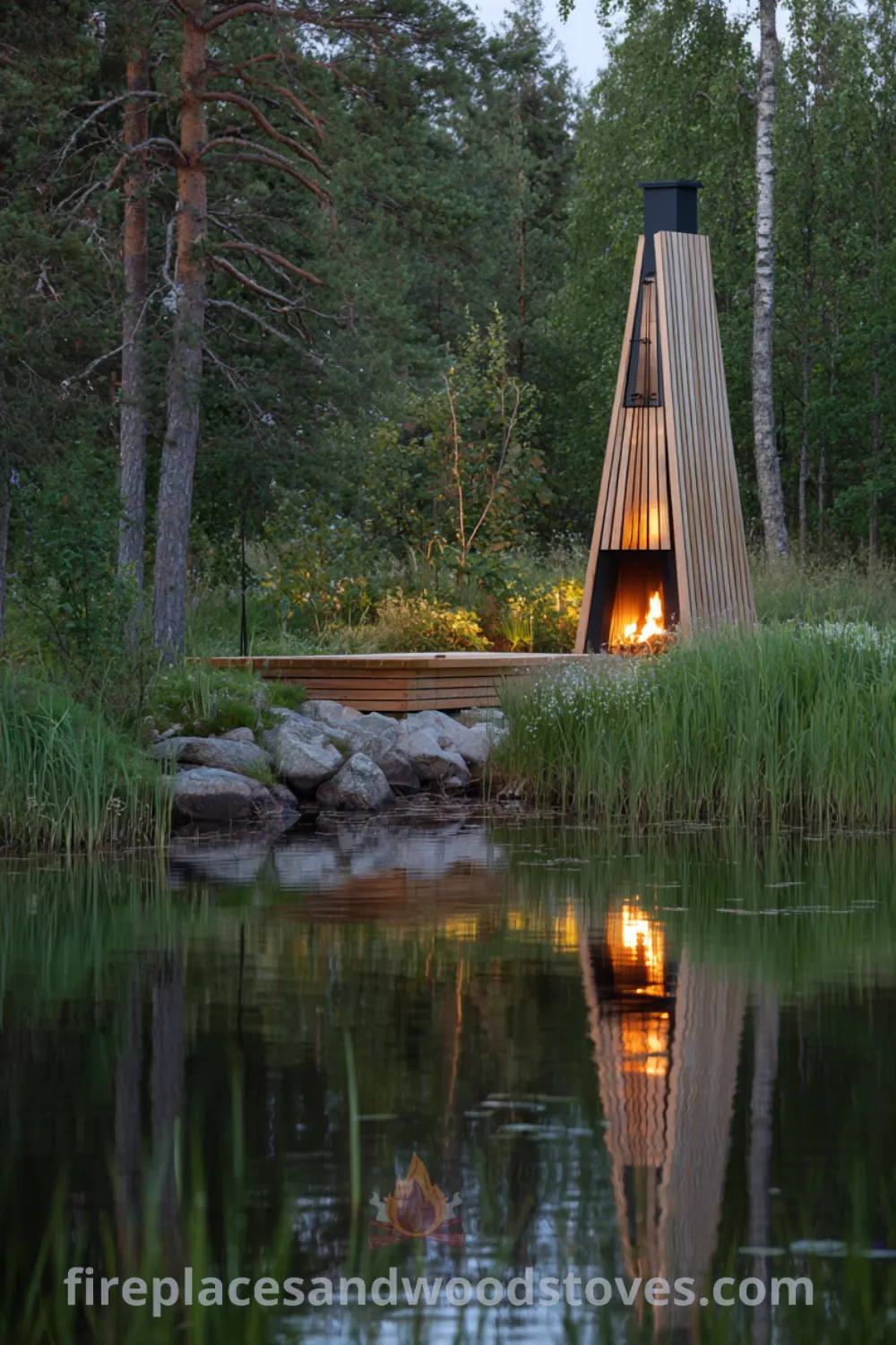 Scandinavian outdoor fireplace by the lakeside with light wood, black metal accents, and serene scandinavian garden vibes.