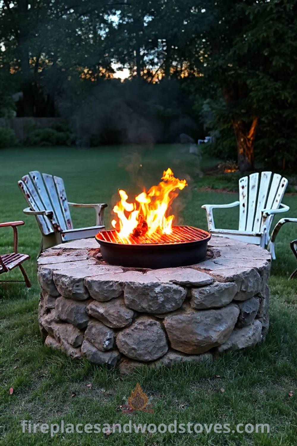 Rustic stone fire pit surrounded by mismatched garden chairs in a grassy backyard at dusk, creating a cozy and inviting atmosphere for outdoor gatherings. Visit patioandhomefurniture.com for incredible ideas that will wow your guests.