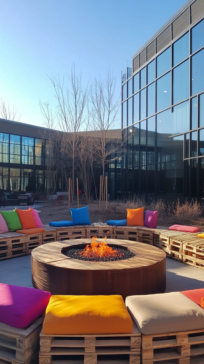 A large outdoor seating area made of wooden pallets with colorful cushions around an oversized fire pit, set in front of a modern office building against a blue sky with leafless trees.