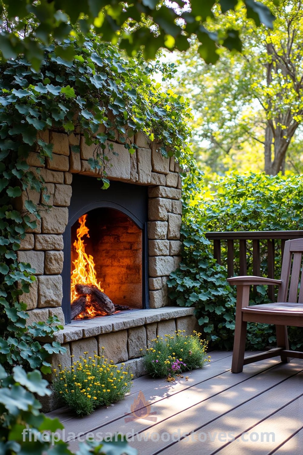 An outdoor stone fireplace in a sun-dappled garden, with flames leaping from the grate, surrounded by lush greenery and mismatched chairs on a wooden deck, creating a cozy atmosphere perfect for storytelling. Visit fireplacesandwoodstoves.com for inspiring outdoor decor ideas.