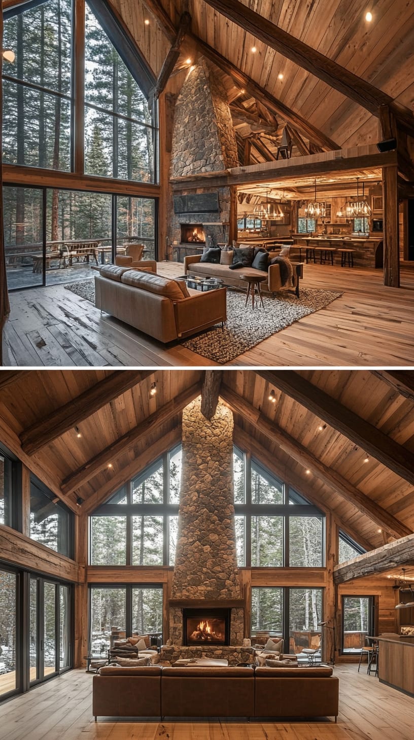 An inviting interior of a modern cabin featuring wood walls, a stone fireplace, large windows, and a cozy open space perfect for relaxation and gatherings.