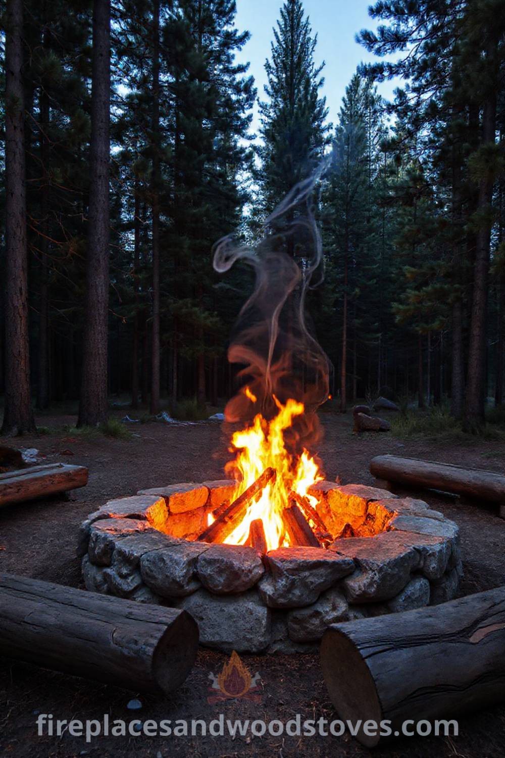 Rustic stone fire pit in a cozy clearing surrounded by tall pine trees, featuring log seating and flickering flames, creating an inviting outdoor atmosphere perfect for gatherings. Visit patioandhomefurniture.com for stylish design ideas that will wow your guests.