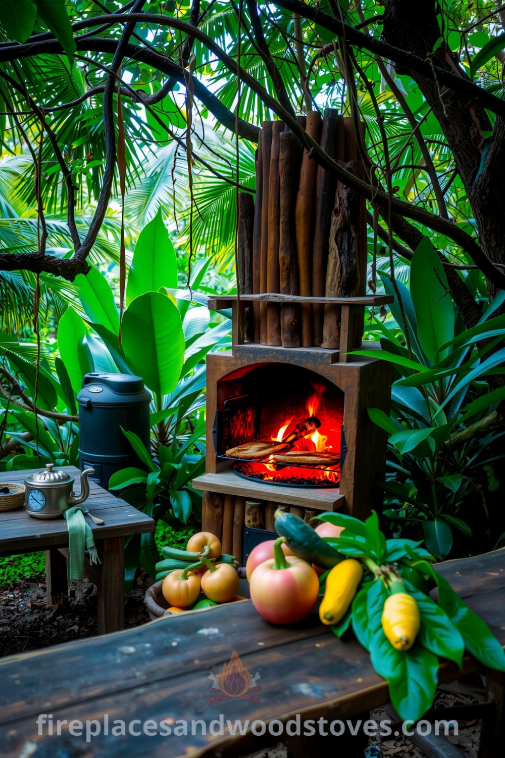 Rustic outdoor barbecue in a lush jungle with a crackling fire, surrounded by vibrant foliage, and a weathered picnic table with fresh produce, creating a cozy and inviting atmosphere for friends to gather, showcasing unique ideas for outdoor living at fireplacesandwoodstoves.com.