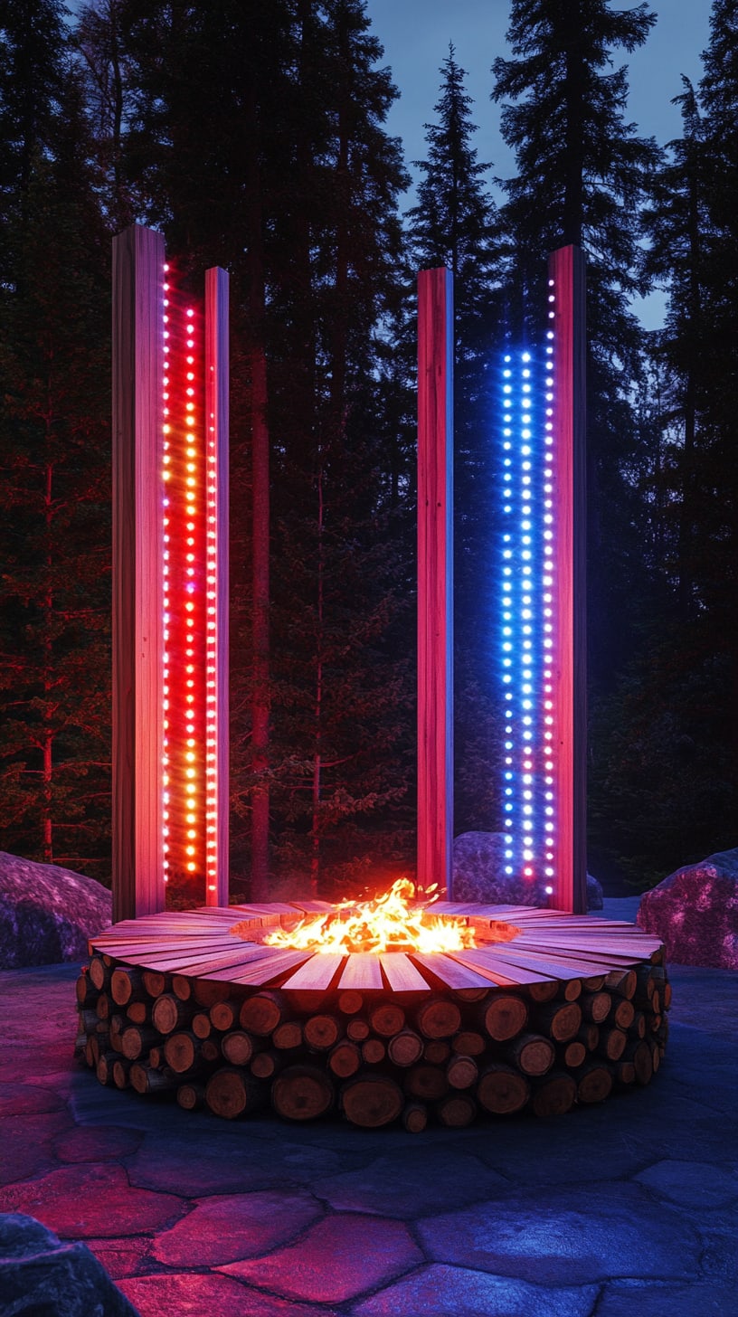 A fire pit made of round logs, illuminated by red and blue LED lights, surrounded by a forest at night, creating a vibrant and cozy outdoor ambiance.