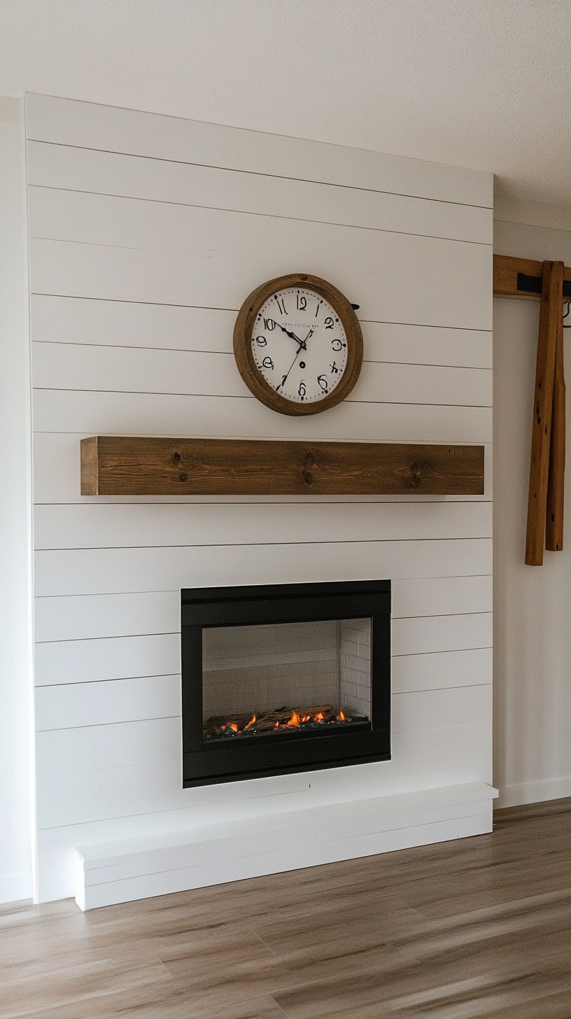 A cozy living space featuring a white shiplap wall with an electric fireplace and a rustic wooden clock above it, creating a warm and inviting atmosphere.