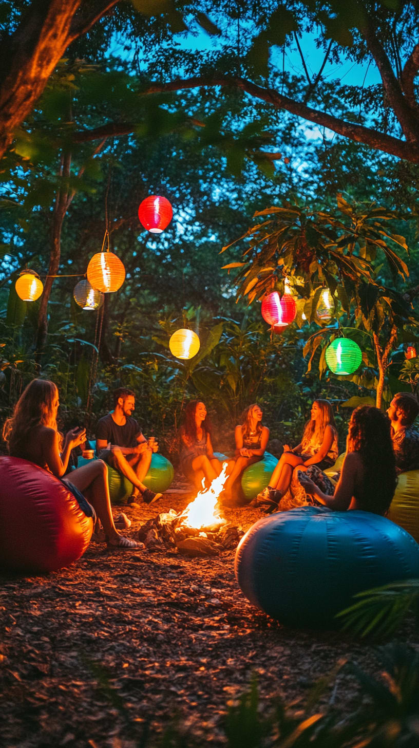 A group of friends sitting around a campfire at night, surrounded by colorful lanterns and beanbag chairs, enjoying a relaxed atmosphere.
