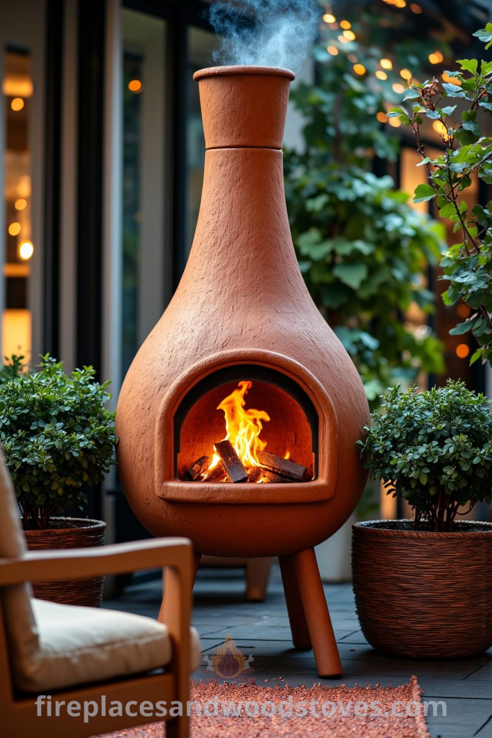 Chiminea-style outdoor fireplace on a cozy patio, surrounded by wooden furniture and lush potted plants, with flickering flames and curling smoke creating an inviting atmosphere, featured on fireplacesandwoodstoves.com.