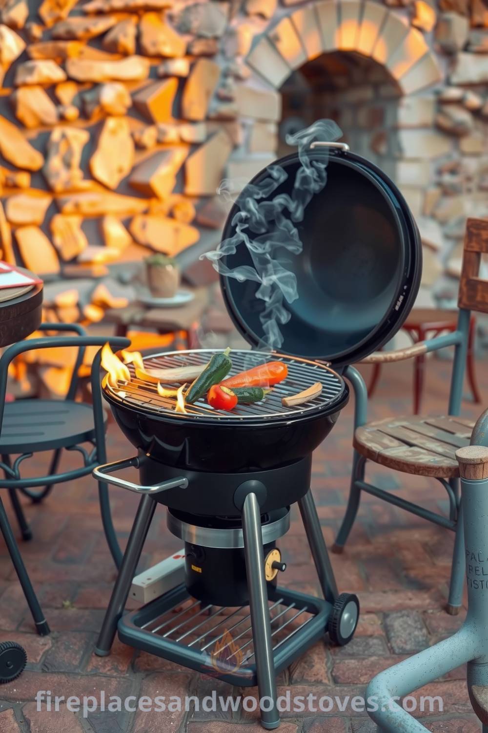 Sturdy barbecue on a brick patio, with shining metal grill, sizzling vegetables, and mismatched chairs surrounded by a rustic stone wall, creating a warm and inviting atmosphere for outdoor gatherings. Visit fireplacesandwoodstoves.com for cozy home design ideas.