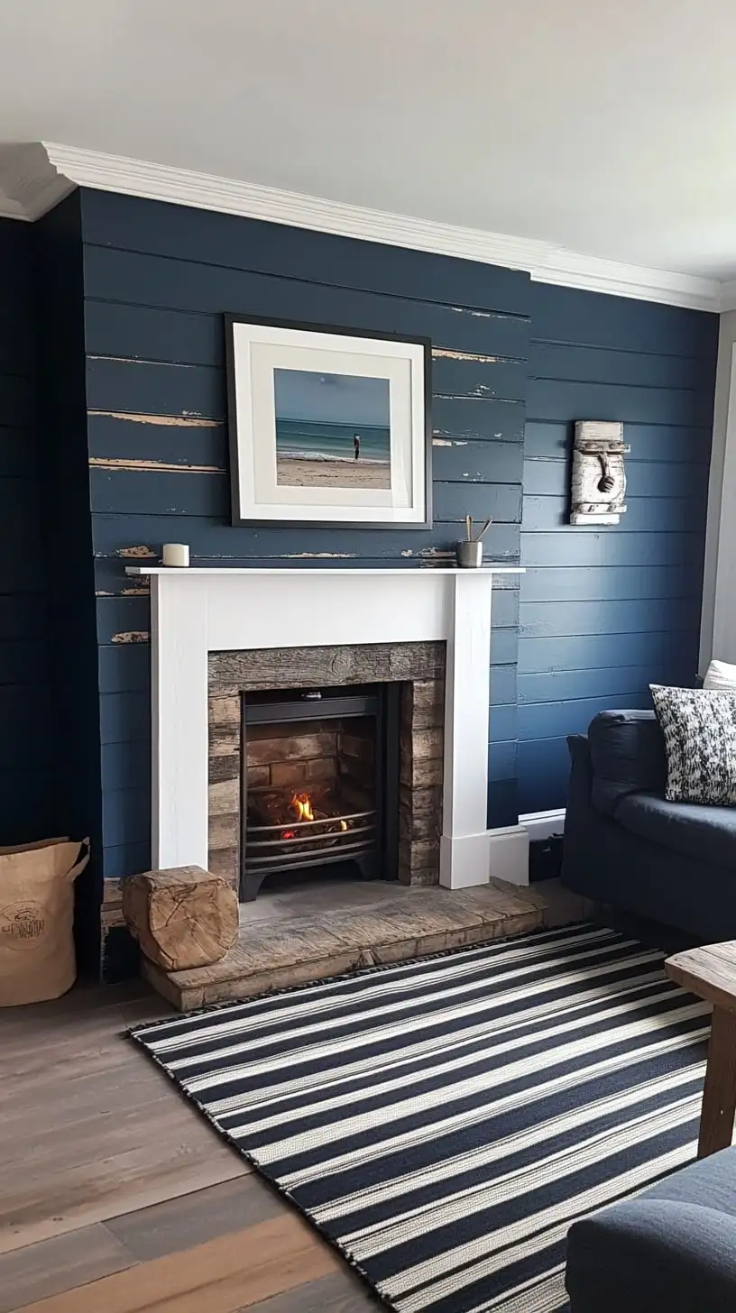 A beach house living room featuring a dark blue shiplap wall, white fireplace, and a black-and-grey striped rug, creating a cozy coastal atmosphere.
