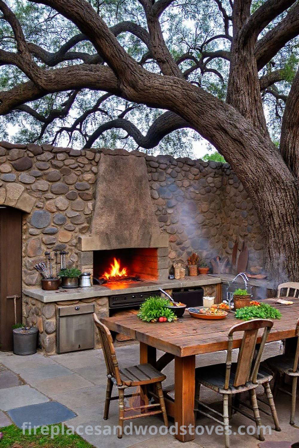 Outdoor kitchen with a wood-burning fireplace, rough-hewn stone walls, rustic wooden counter, and mismatched chairs creating a charming atmosphere for gatherings, perfect for outdoor cooking and camaraderie. Visit patioandhomefurniture.com for incredible outdoor design inspiration.