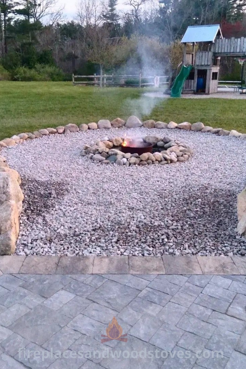 A modern outdoor fire pit surrounded by rocks and gravel, creating a cozy gathering space ideal for bonfire nights. Discover stylish fire pit designs and ideas that enhance your backyard aesthetics at patioandhomefurniture.com.