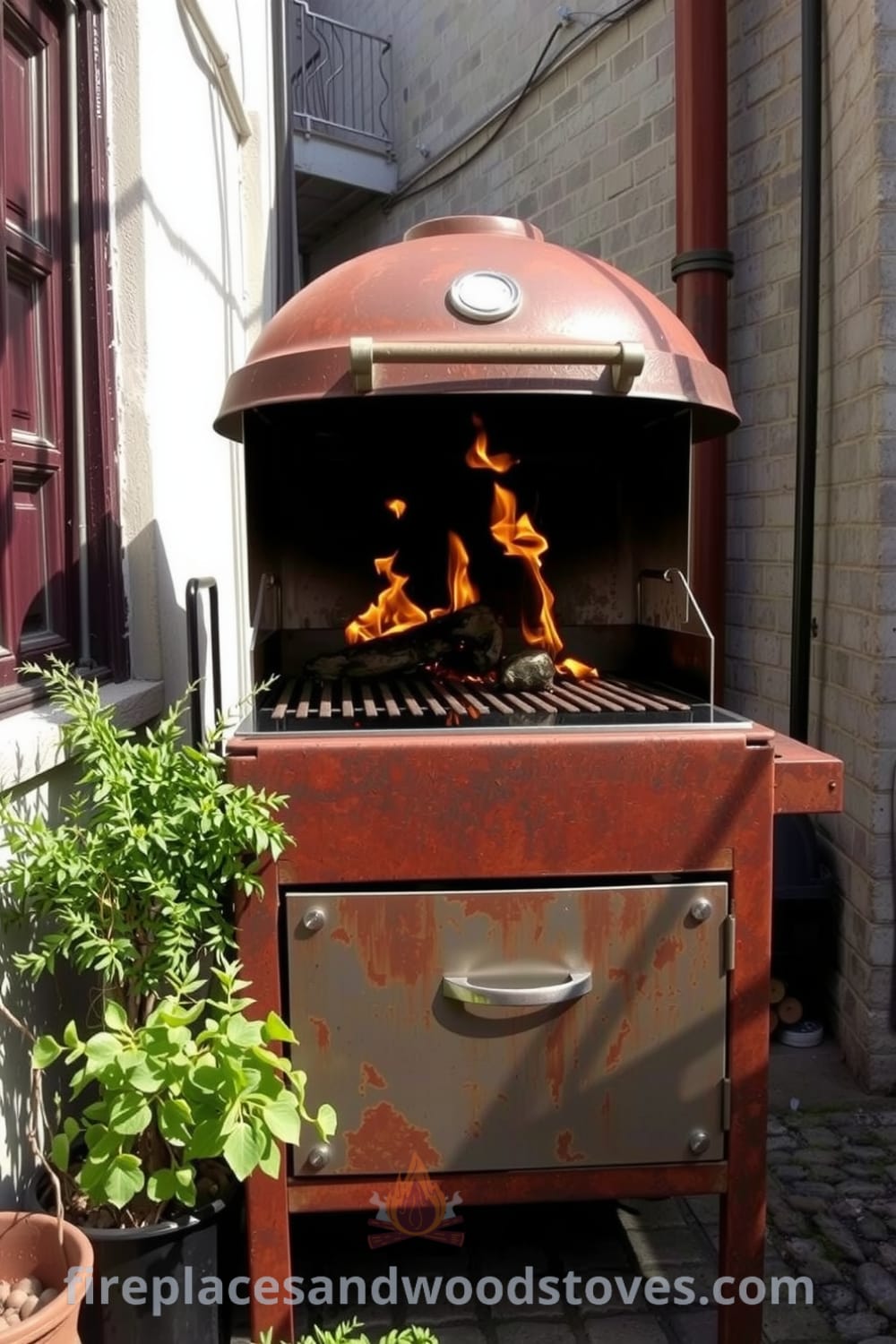 Weathered industrial barbecue on a compact urban patio with rusted surfaces and thriving potted herbs, creating a cozy atmosphere for summer cookouts, inviting gatherings with friends; for more cozy ideas visit fireplacesandwoodstoves.com.
