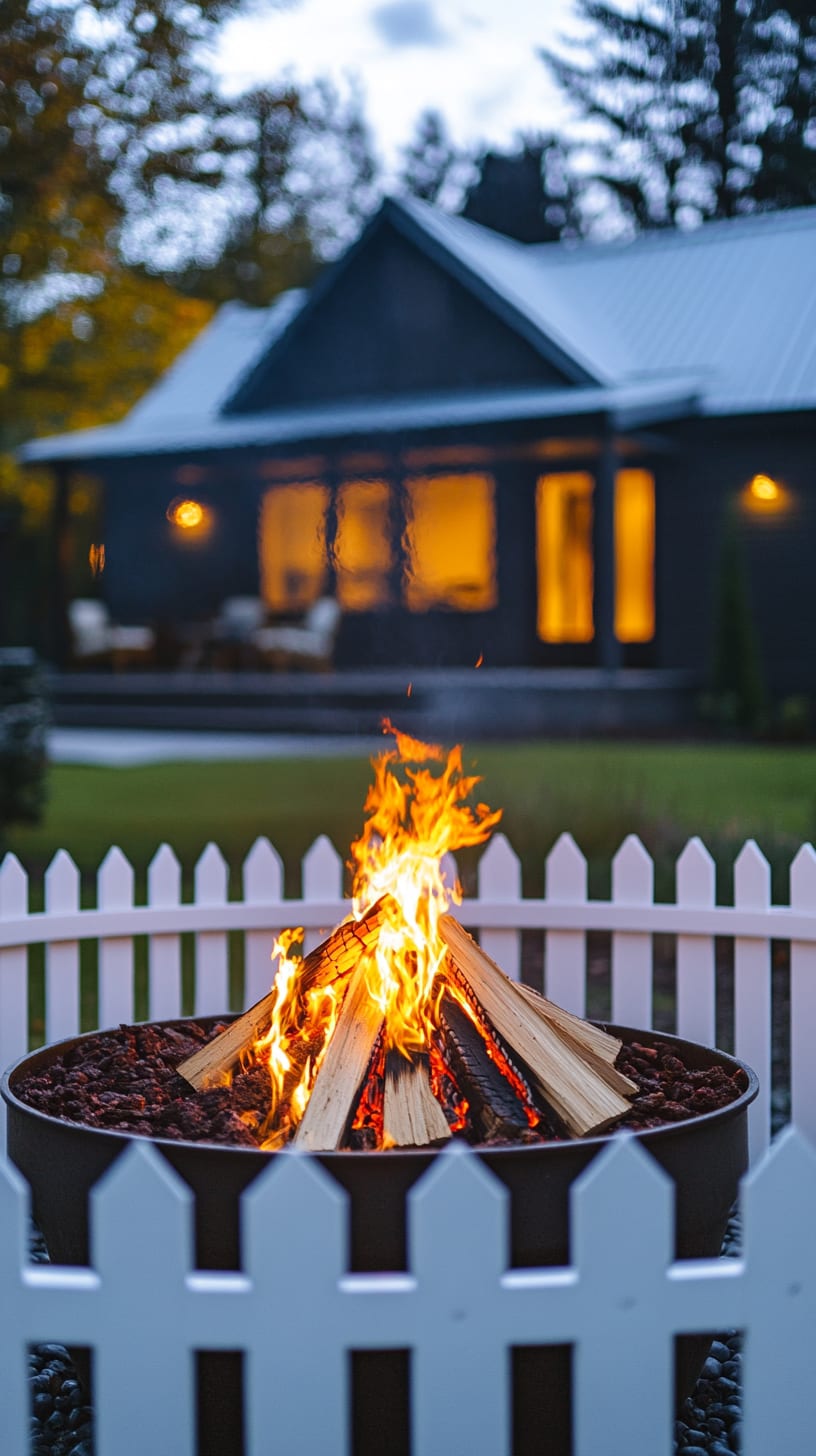 A cozy fire pit setup in a backyard with a white picket fence, surrounded by seating and glowing warmly at dusk, creating an inviting atmosphere for evening gatherings.