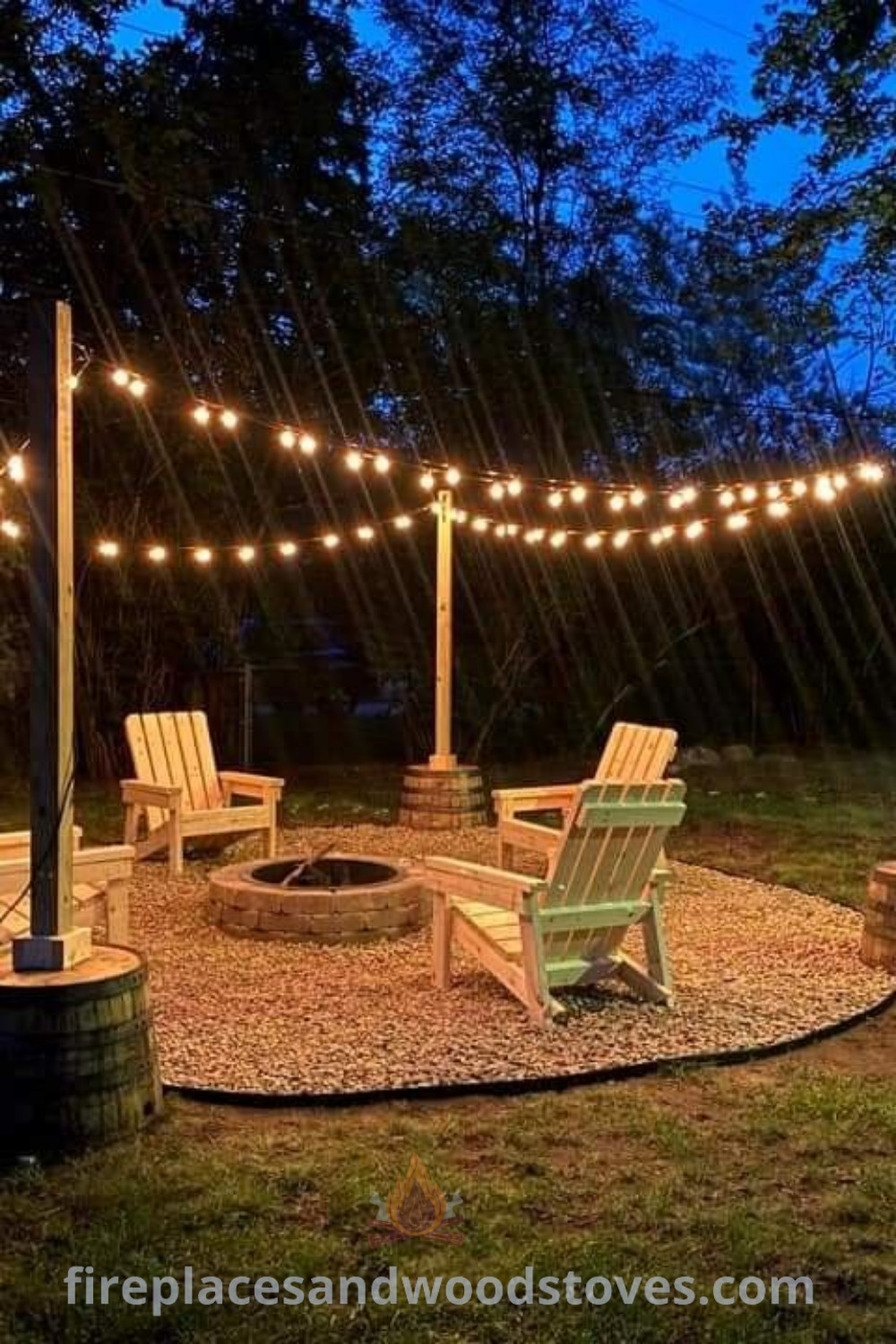 An outdoor fire pit surrounded by chairs and string lights, offering cozy and stylish designs for the perfect family area. Ideal for rustic bonfire pit ideas and farmhouse outdoor fire pit setups. Explore more outdoor decor inspiration and ideas you