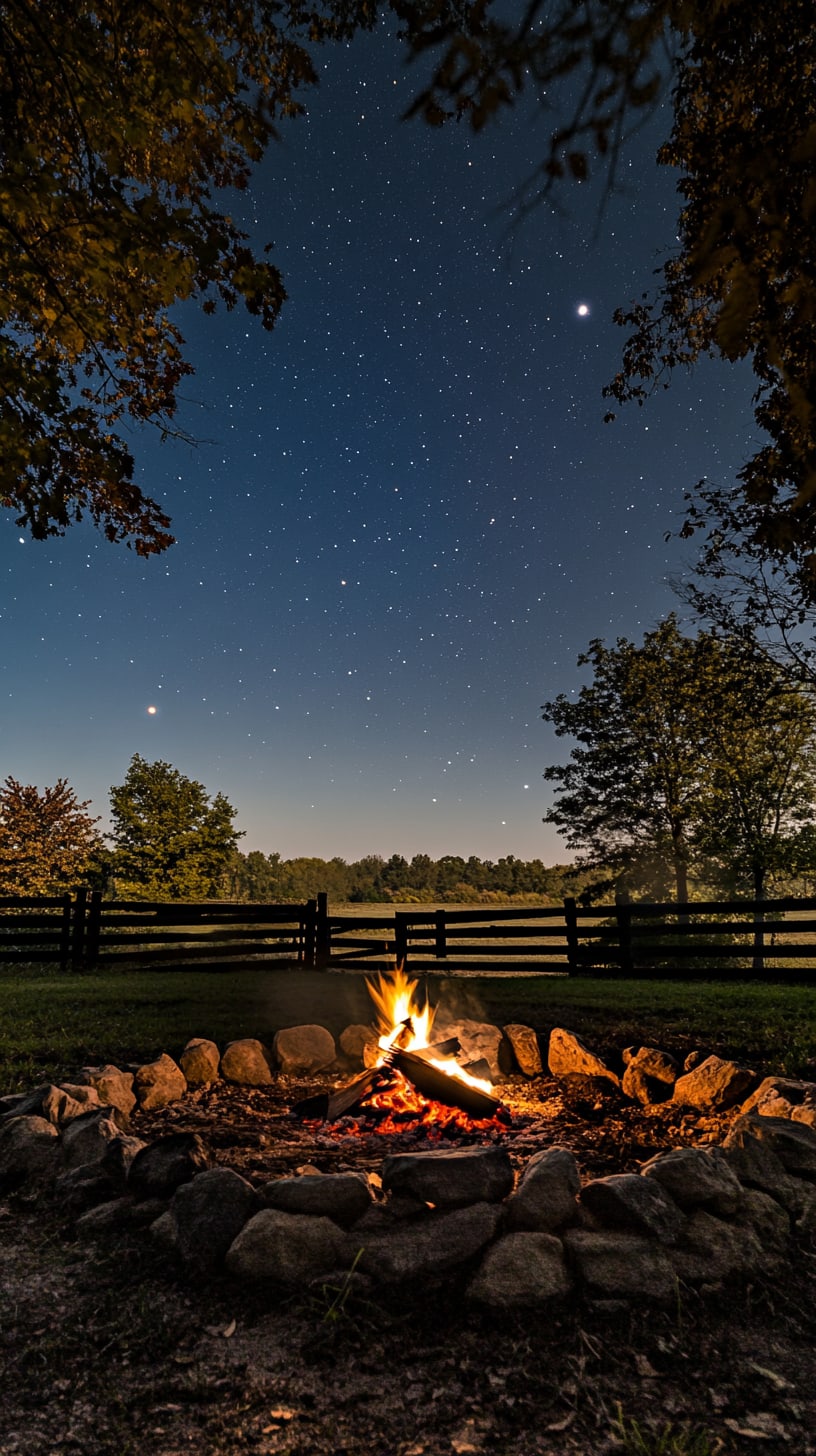 A cozy campfire surrounded by stones, set against a starry night sky with illuminated tree leaves and a wooden fence, featuring horses seen behind it in a rural landscape.
