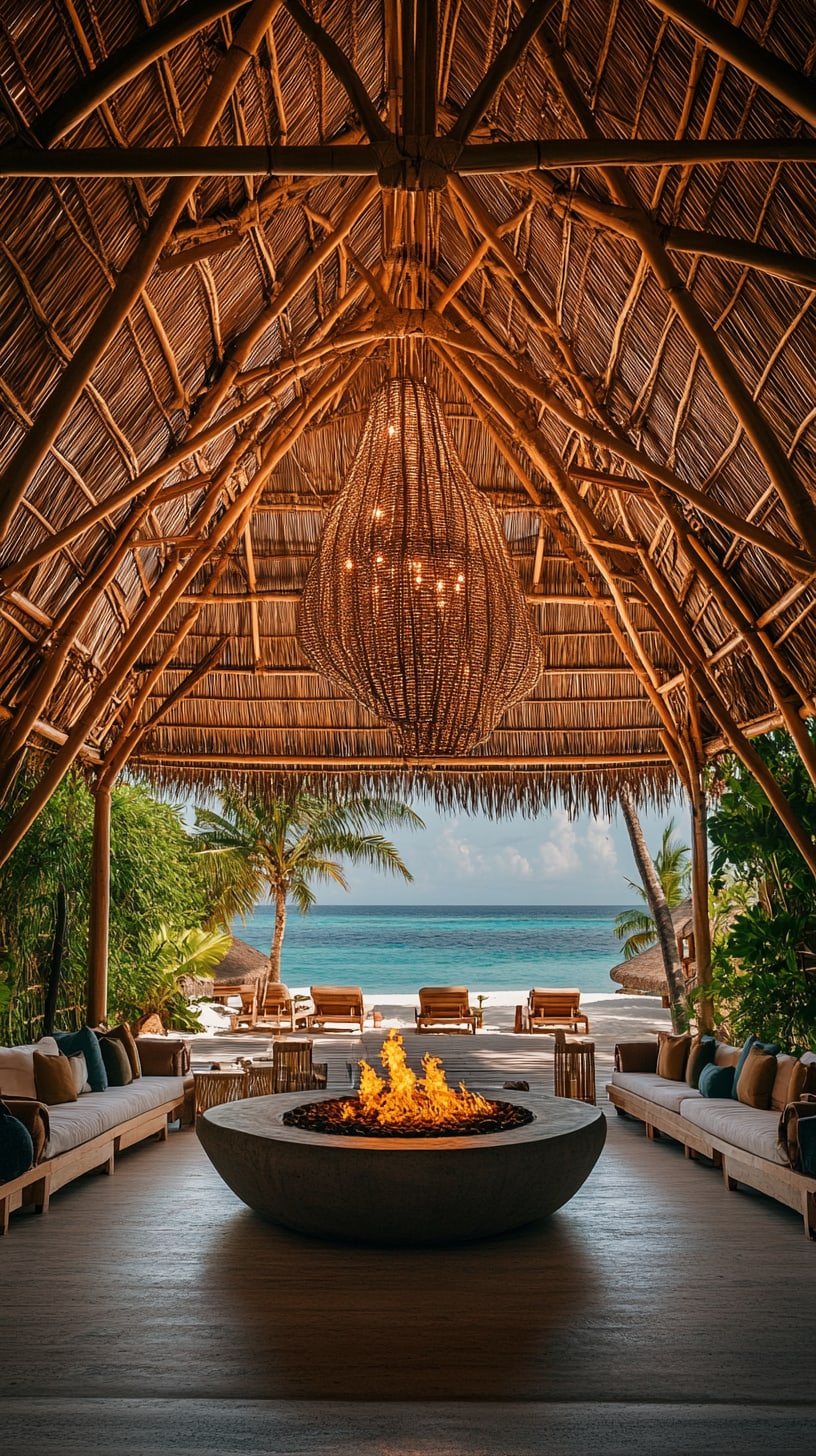 An open-air lounge with a thatched roof and a large fire pit, surrounded by lush greenery and palm trees, overlooking the ocean in the Maldives.
