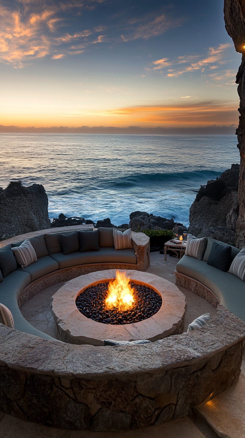 A circular fire pit with comfortable seating, overlooking the ocean at sunset, surrounded by rugged cliffs and crashing waves in the background.