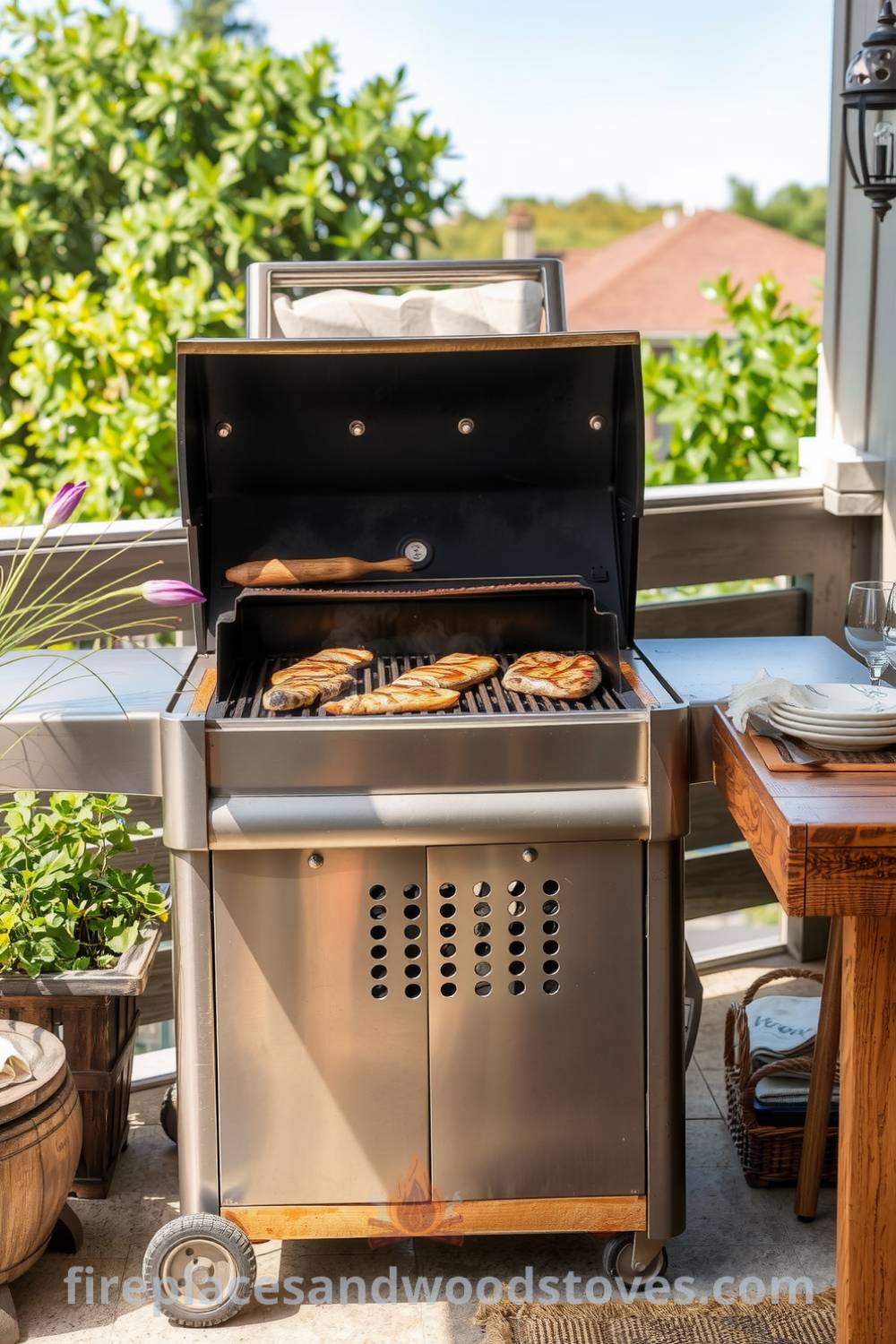 Weathered stainless steel barbecue on a sunlit patio beside a rustic wooden table with mismatched plates, embodying cozy ideas for outdoor gatherings and inviting decor inspirations for your home, available at fireplacesandwoodstoves.com.