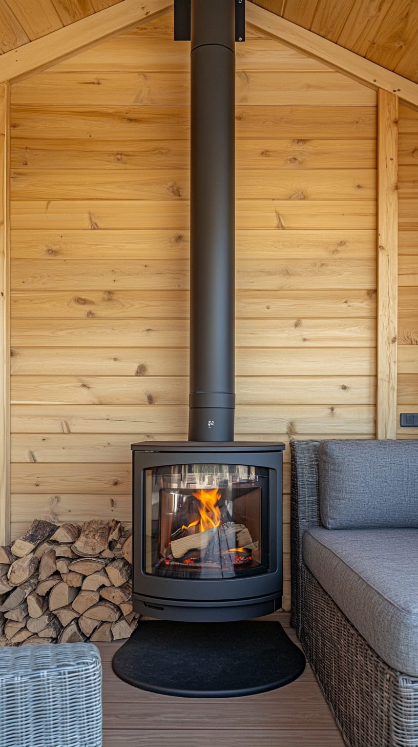 A wood-burning stove surrounded by a grey sofa and light wooden walls in a cozy off-grid cabin setting.