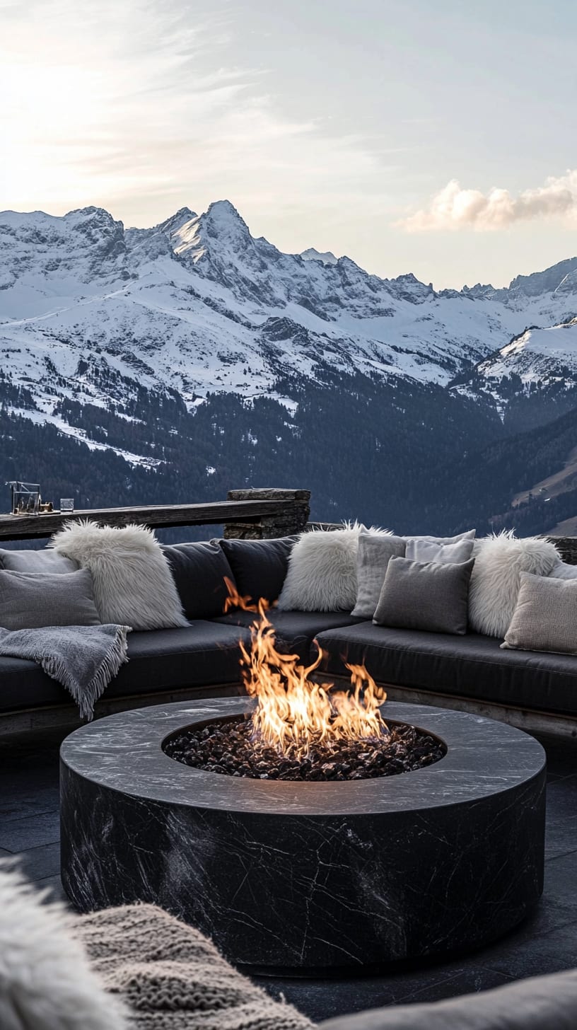 A black marble fire pit surrounded by gray outdoor sofas and white cushions, with snowy mountains in the background at sunset.