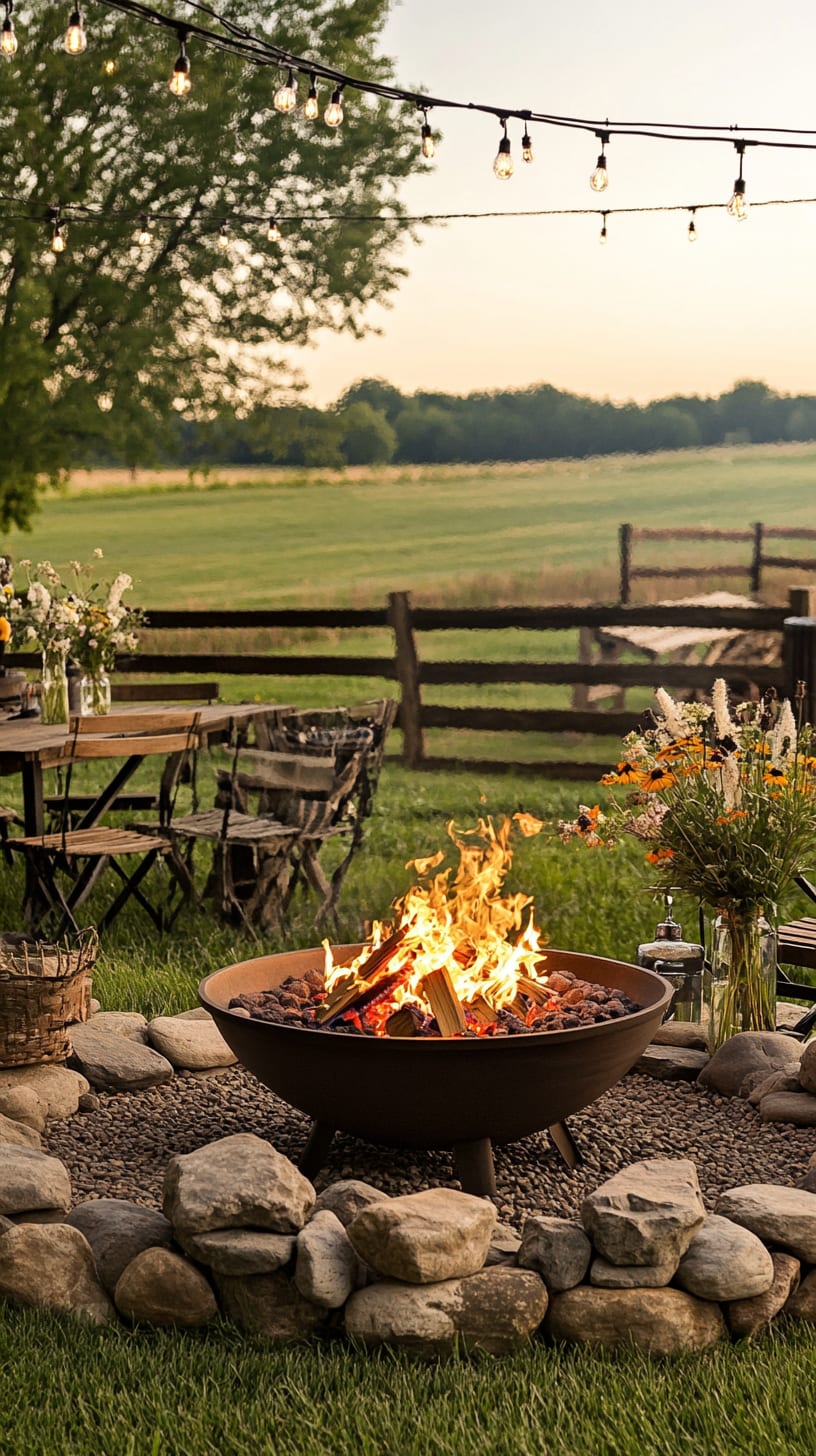 A rustic outdoor setting with a warm fire pit, a wooden dining table under string lights, lush green grass, and vibrant wildflowers.