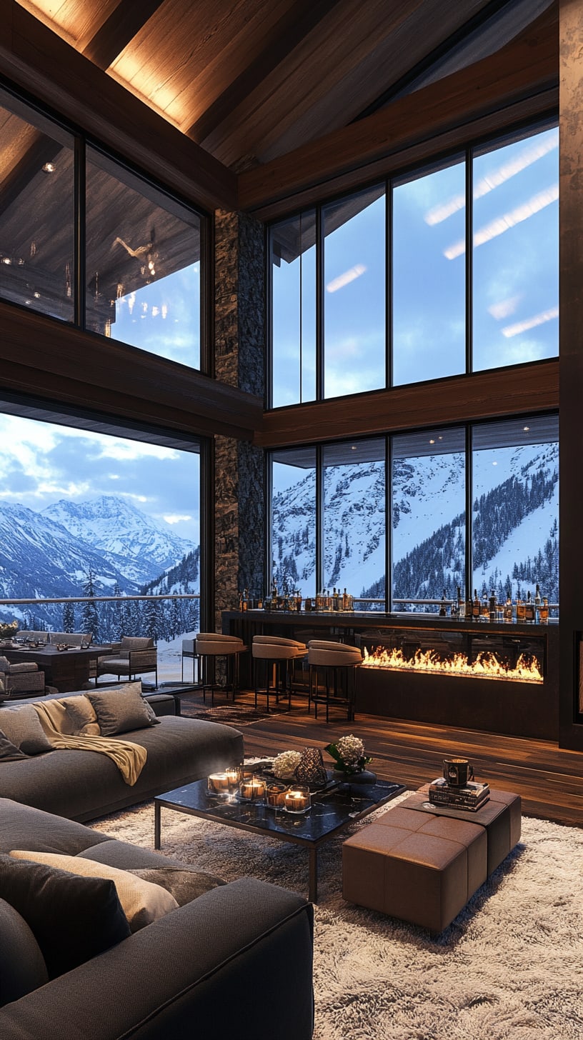 A cozy living room featuring large windows with a snowy mountain view, a fireplace, and modern wooden furniture.