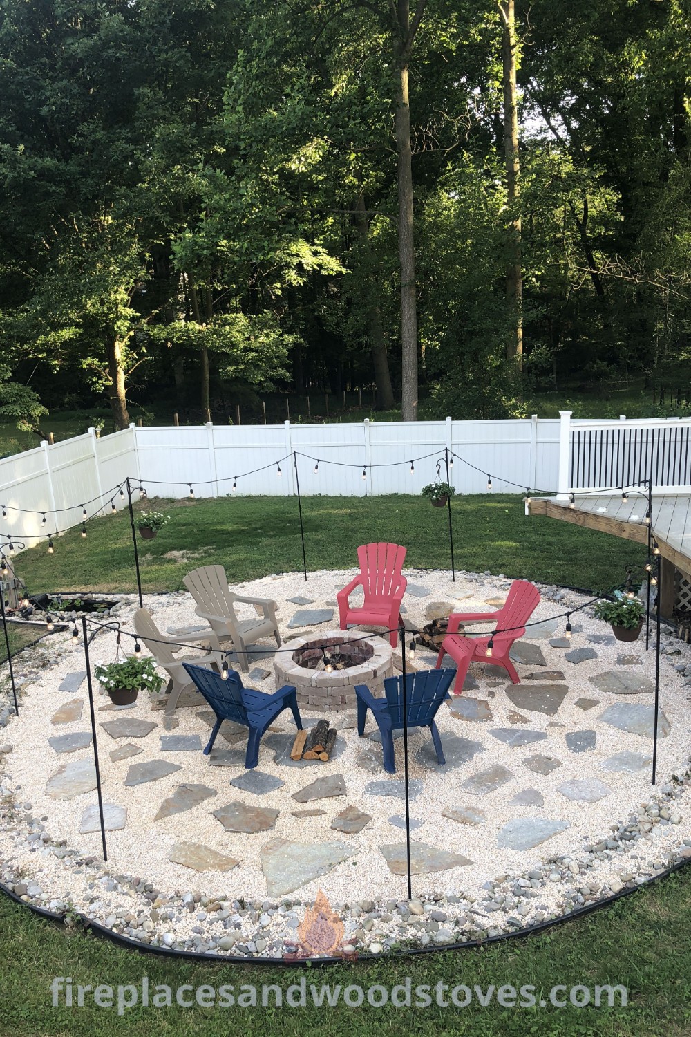 An outdoor fire pit surrounded by lawn chairs on a repurposed above ground pool deck, showcasing creative landscaping ideas and inviting décor for an incredible backyard. Discover more stylish outdoor inspiration at patioandhomefurniture.com.