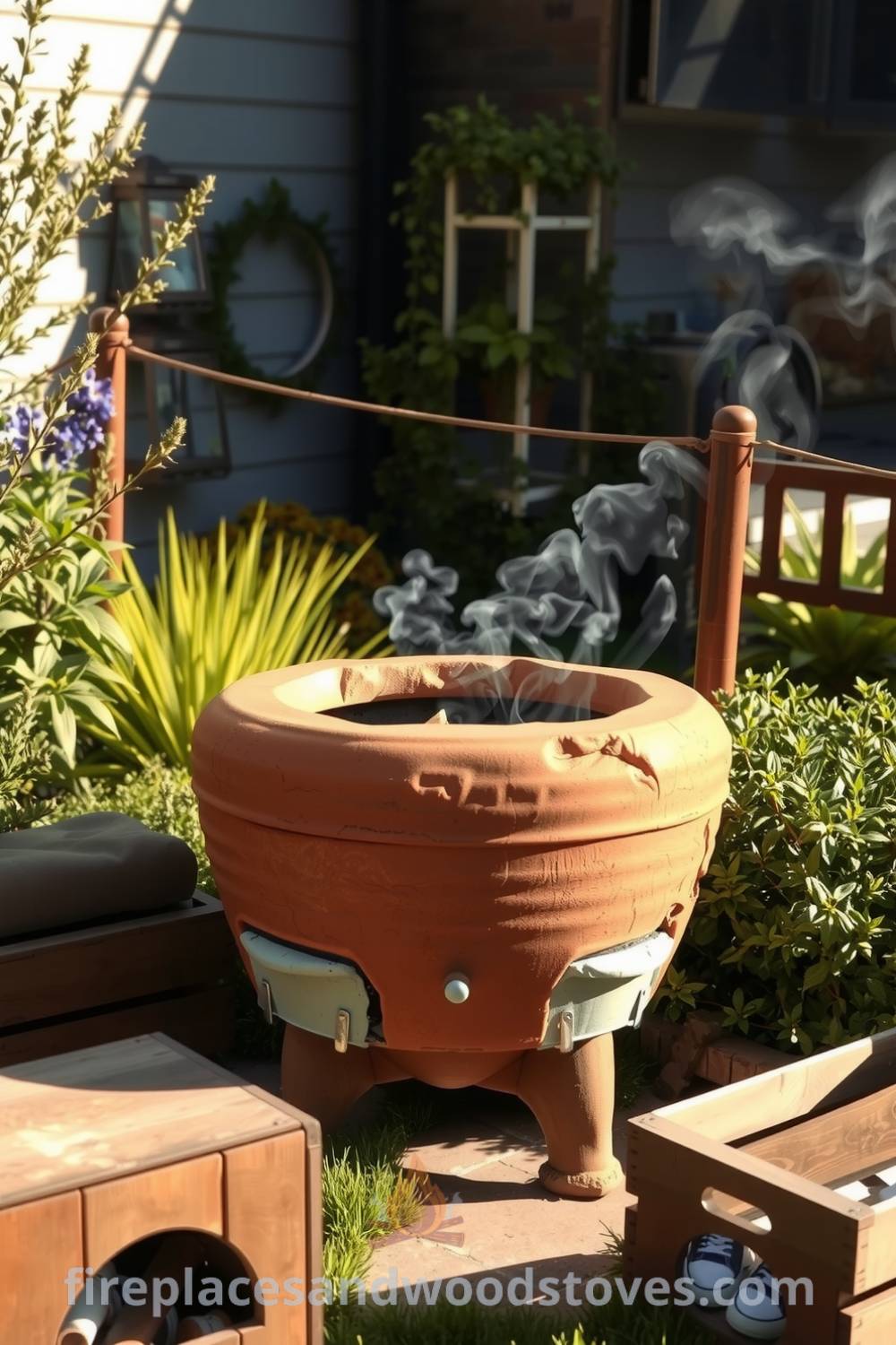 Handcrafted Bohemian clay outdoor barbecue in a sunlit garden surrounded by greenery, with smoke rising from the flames, complemented by wooden crate seating, creating a cozy atmosphere for gatherings. Find more cozy ideas at fireplacesandwoodstoves.com.