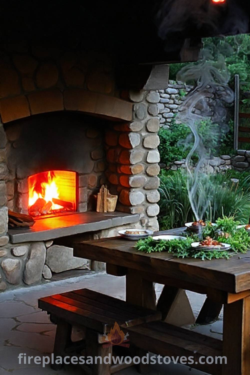 Outdoor kitchen featuring a wood-burning fireplace against rustic stone walls, warm flickering flames, and a wooden table adorned with dishes and herbs, offering inviting ambiance for gatherings. Visit patioandhomefurniture.com for stylish backyard design ideas you’ll love.