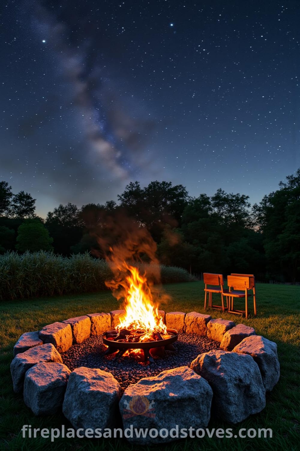 Cozy outdoor firepit barbecue scene with a rustic stone border, flickering flames, and mismatched wooden stools, set under a vast sky, creating a warm and inviting atmosphere for gatherings, featured on fireplacesandwoodstoves.com.