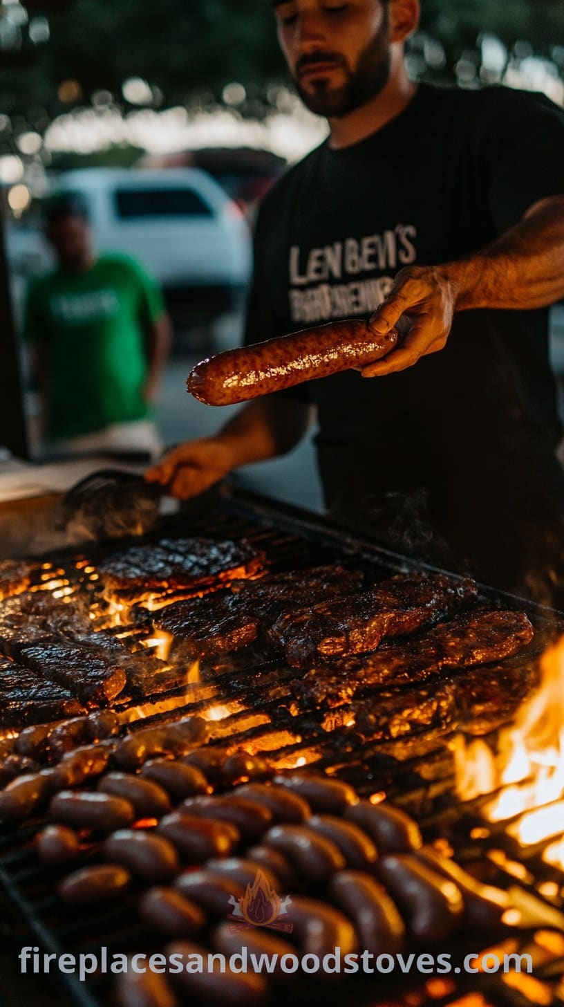 A man grilling sausages and meat at an outdoor barbecue, surrounded by friends and bright daylight.