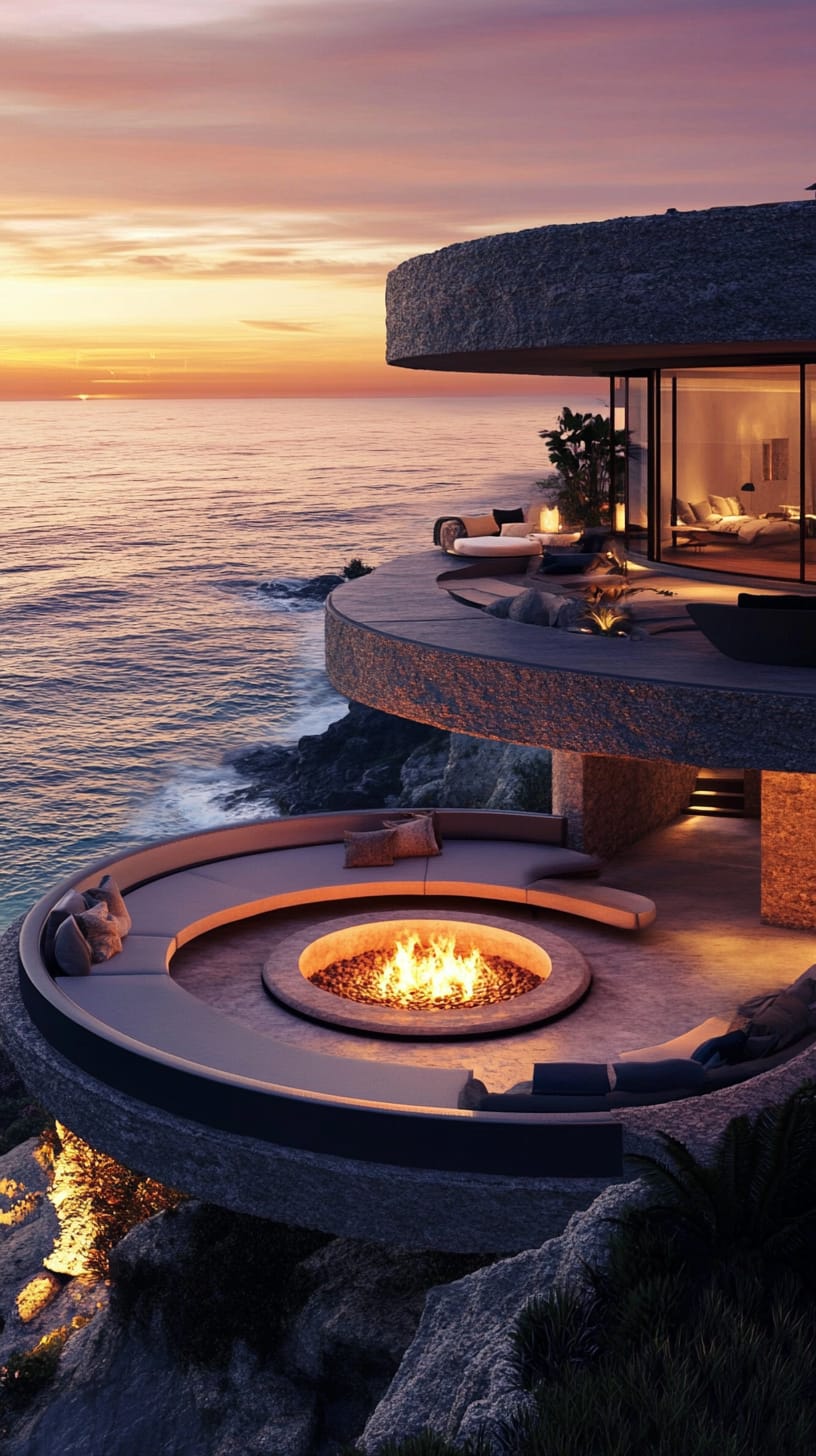 A luxurious circular house on a cliff with a fire pit, overlooking the ocean at sunset, showcasing modern design and inviting ambiance.
