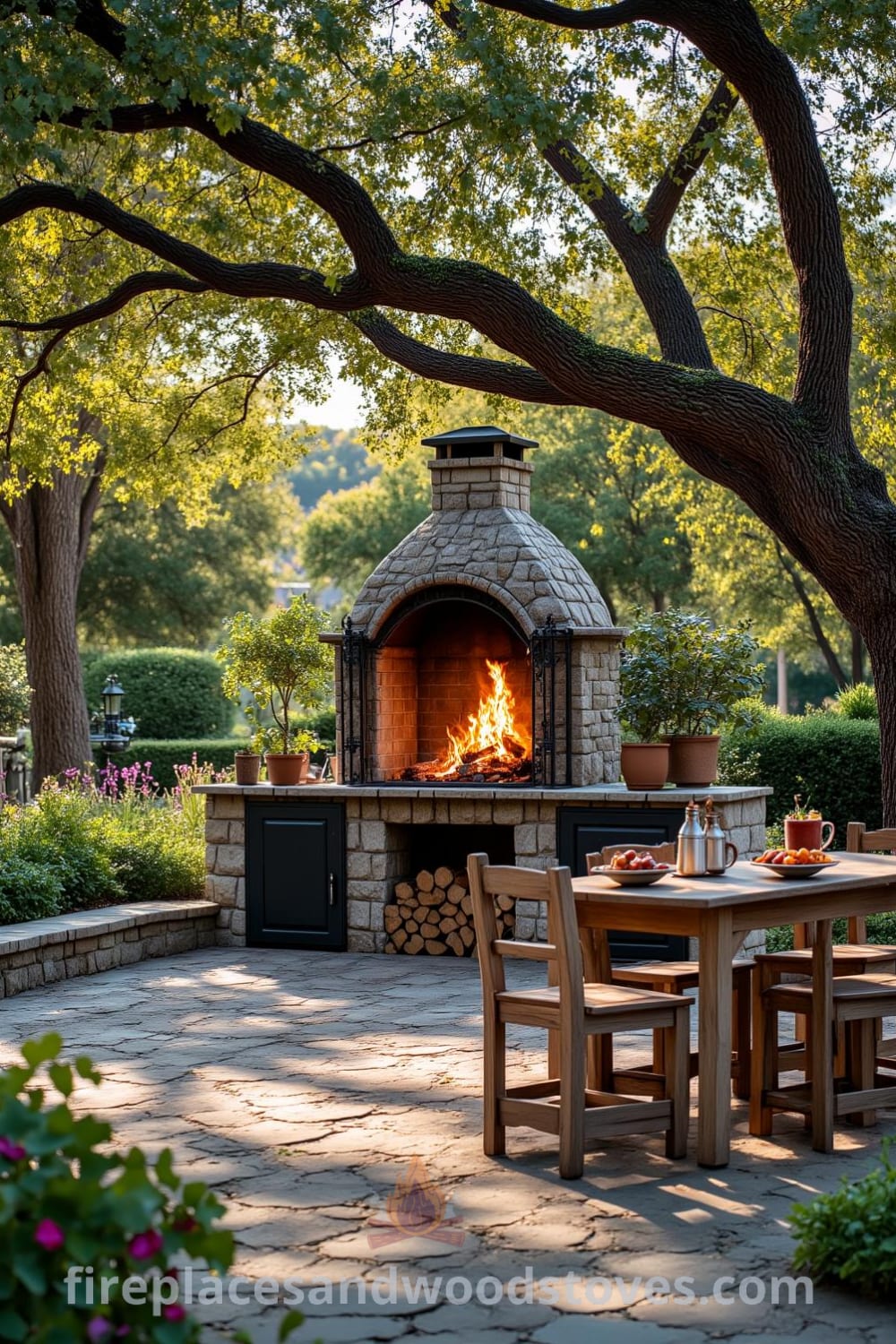 A cozy outdoor barbecue under a sprawling oak tree with dark wrought iron design, surrounded by a lush garden, rustic stone paths, and mismatched wooden chairs, inviting joyful gatherings and summer afternoons, featured on fireplacesandwoodstoves.com.