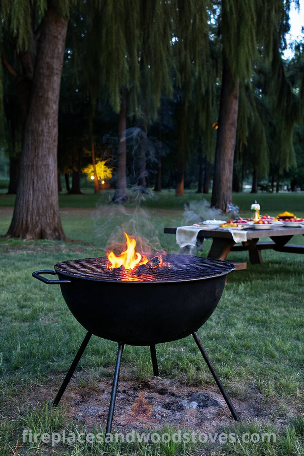 Charcoal grill set on grassy patch surrounded by trees in the evening. Flames flicker within, illuminating a picnic table with vibrant dishes. Ideal for cozy outdoor gatherings and incredible ideas to transform your backyard. Visit patioandhomefurniture.com for stylish outdoor inspiration.
