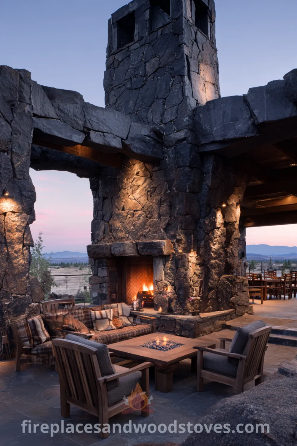 Rustic stone fireplace outdoor with crackling fire, aged stucco fireplace outdoor, cozy outdoor furniture, and inviting warm ambiance.