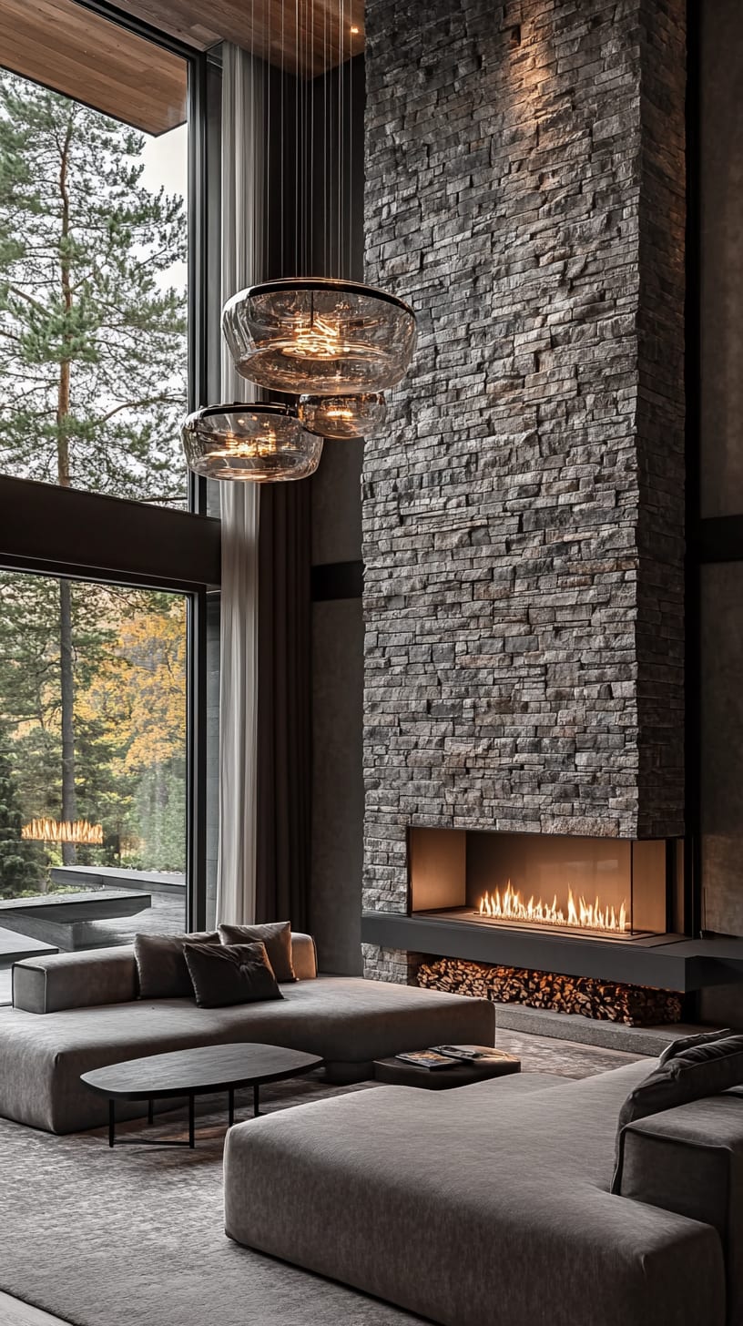 A luxurious living room with a tall stone fireplace, large windows overlooking a forest, grey sofas, and elegant lighting fixtures.