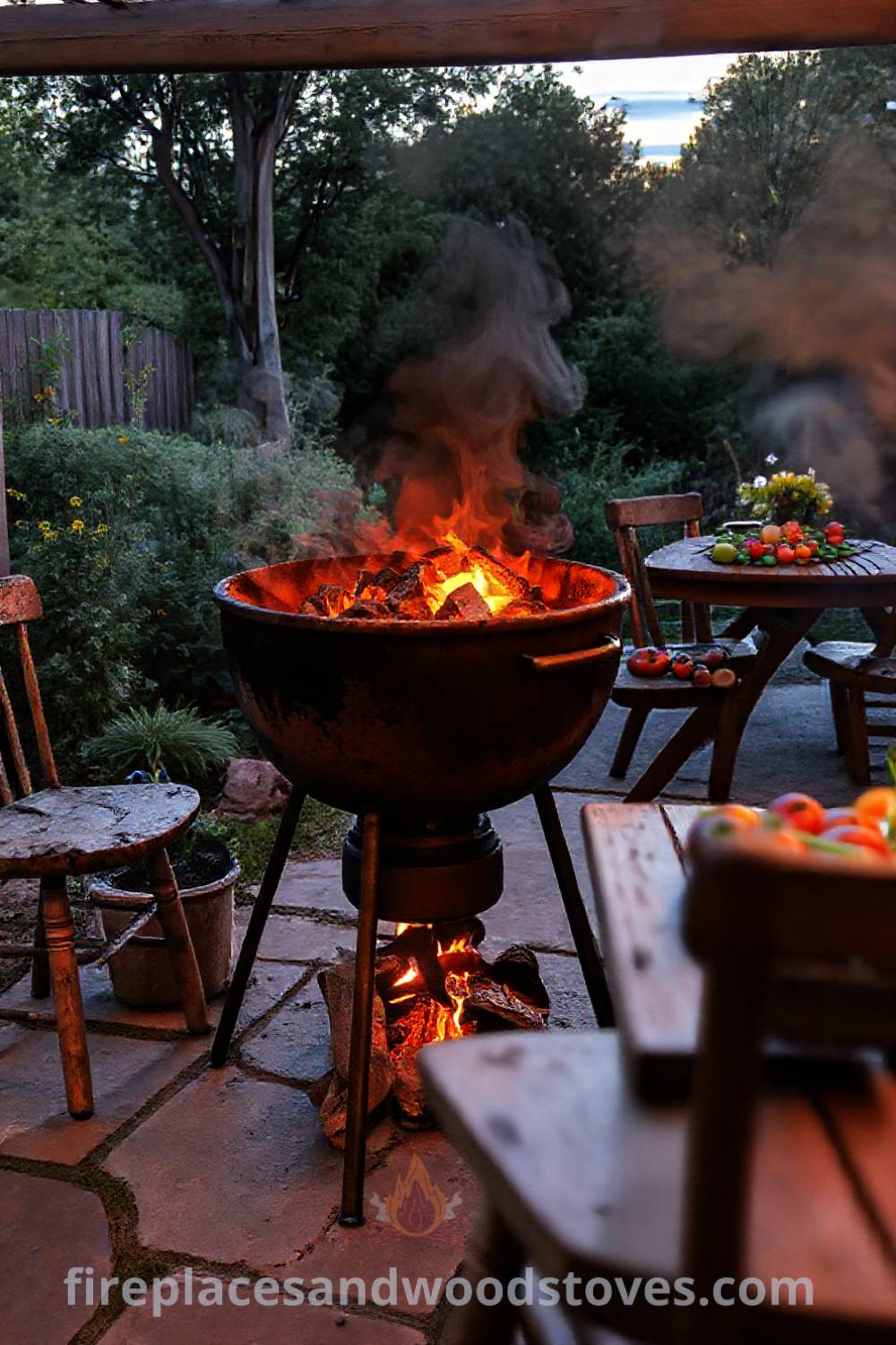 Rustic wood-fired barbecue on a stone patio with glowing coals, summer vegetables on a wooden table, and mismatched chairs creating a cozy and inviting outdoor gathering. Visit patioandhomefurniture.com for stylish outdoor ideas that will wow your guests.