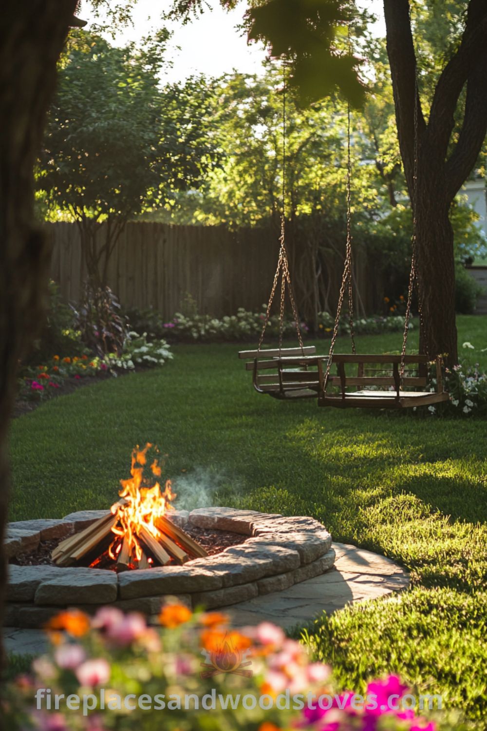 Backyard fire pit ideas on fireplacesandwoodstoves.com, showcasing cozy outdoor seating, fire pit landscaping, and inviting backyard design inspirations for outdoor living.