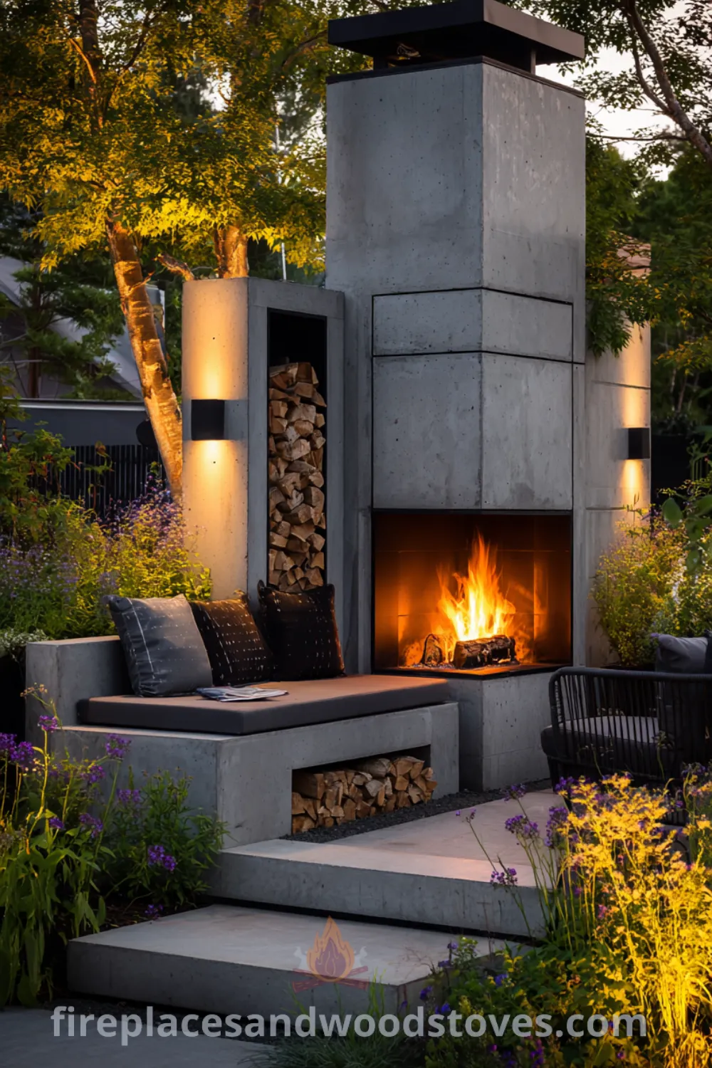 Sleek outdoor fireplace in a serene Scandinavian garden, featuring light gray concrete, integrated wood storage, and cozy ambiance.