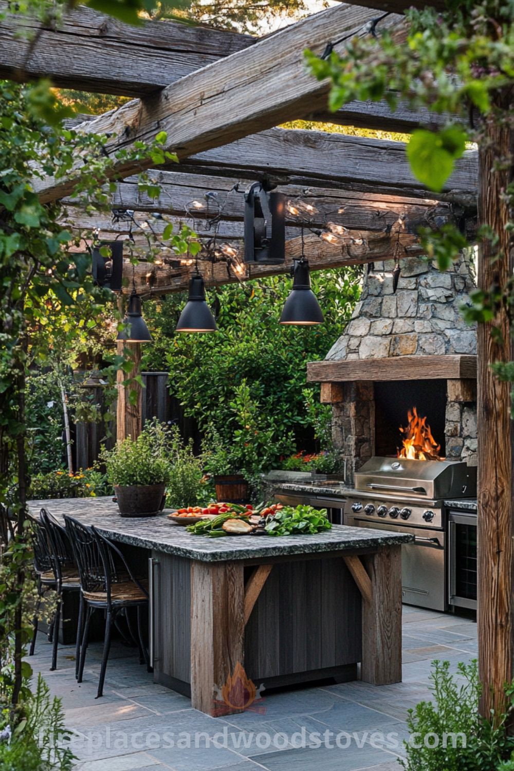 Rustic outdoor cooking setup on fireplacesandwoodstoves.com, featuring a cozy covered patio, grilling area, and unique ideas for an outdoor kitchen and dining experience.