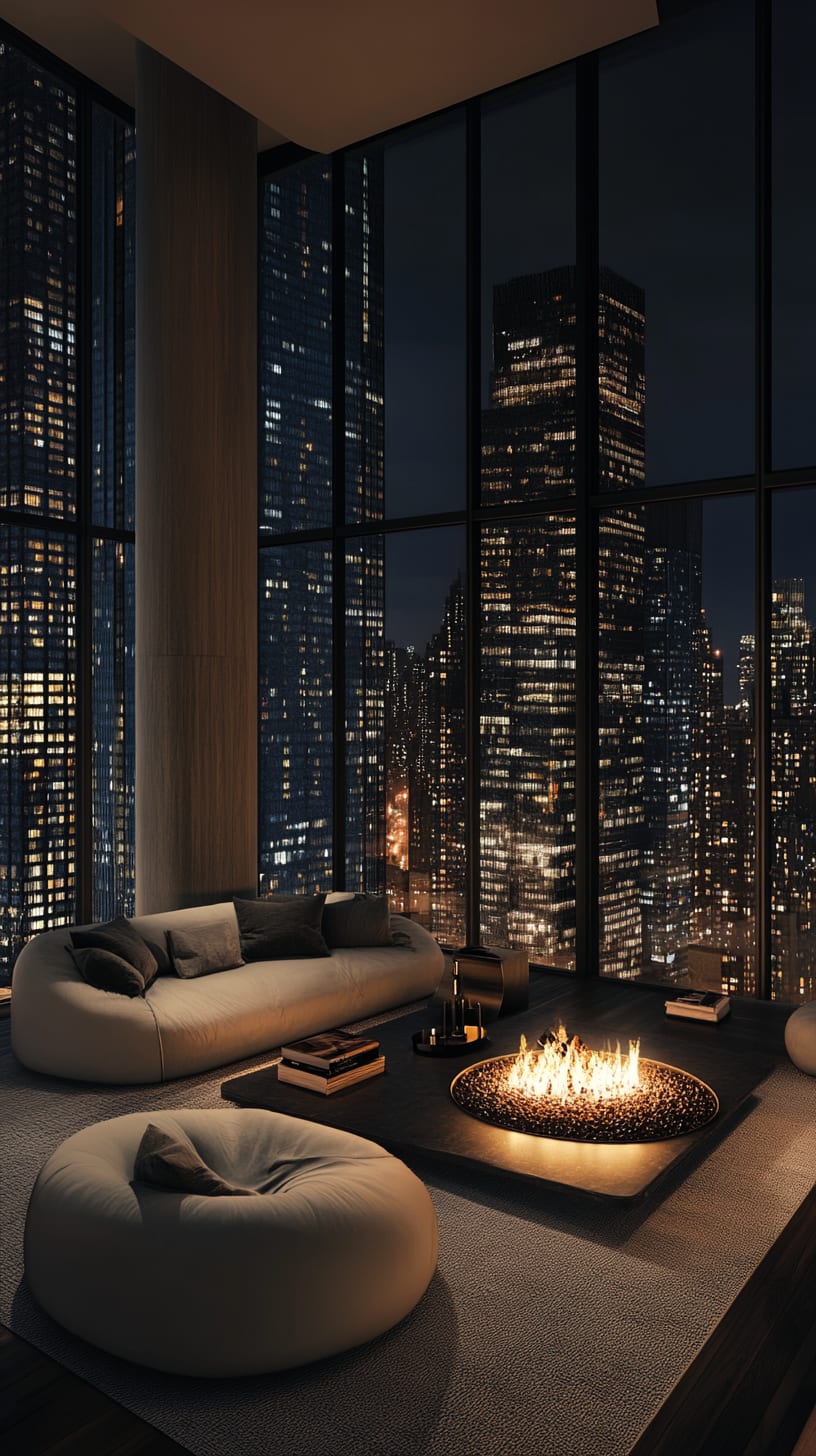 A luxurious penthouse living room featuring large windows with a nighttime city view, round white couches, and a glowing fireplace, creating a cozy atmosphere.