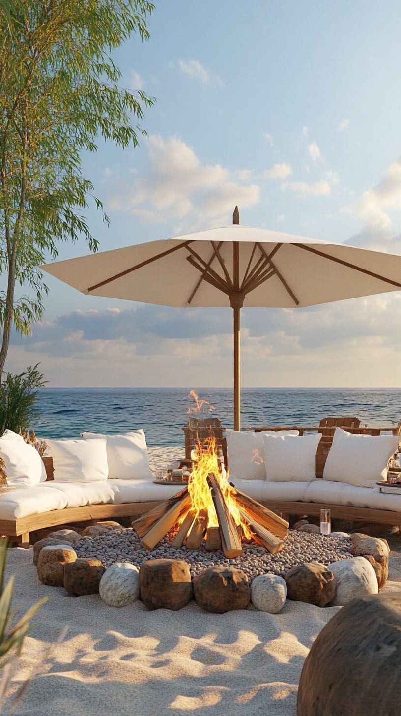 A cozy beachside seating area featuring a beige sofa with white cushions, surrounded by a fire pit and large stones, with a view of the calm ocean.