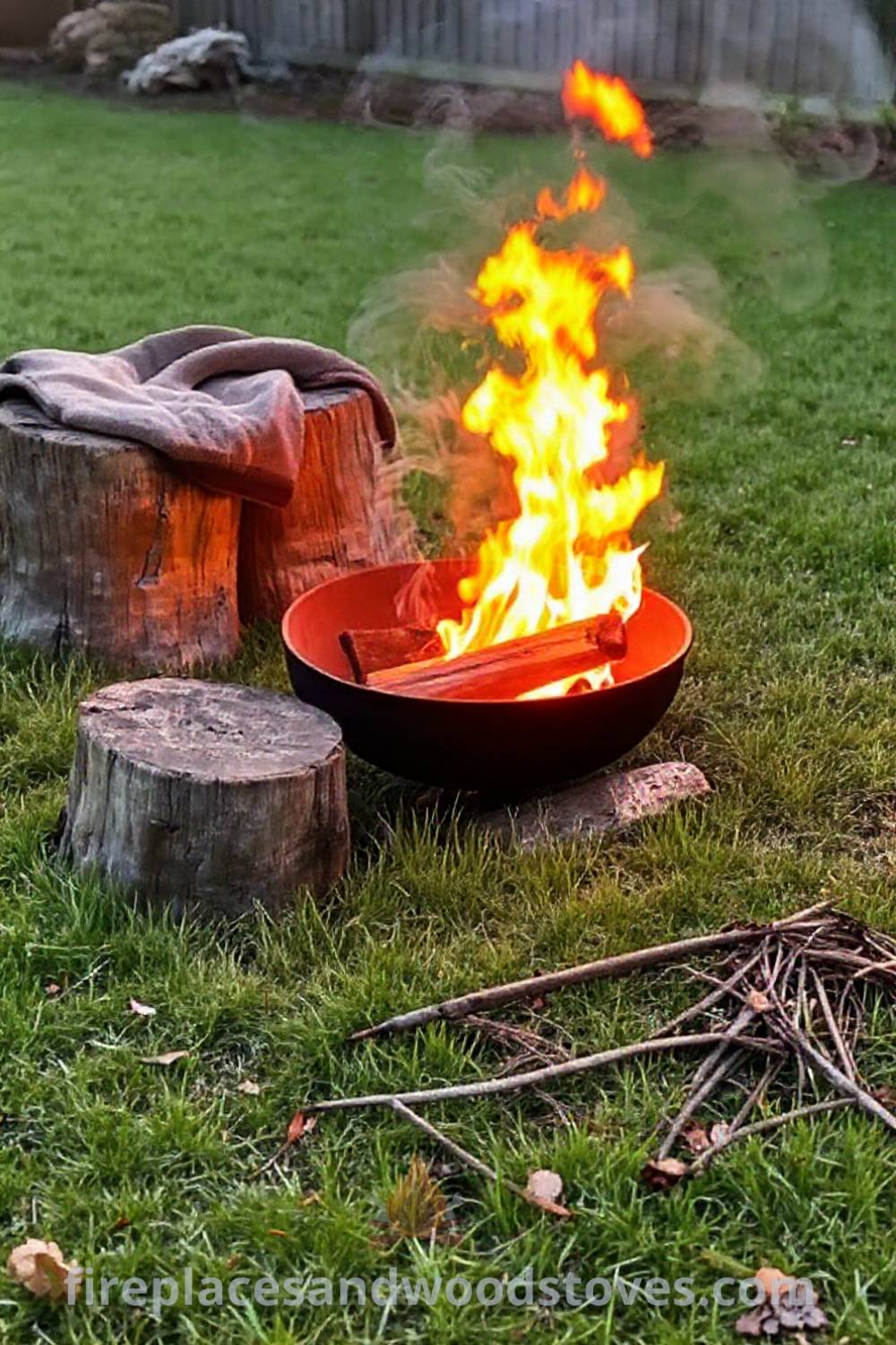 Cozy backyard charcoal fire pit surrounded by weathered wooden stumps, creating an inviting atmosphere perfect for storytelling and relaxation in the outdoors. Visit patioandhomefurniture.com for stylish ideas transforming your backyard into a dream space.